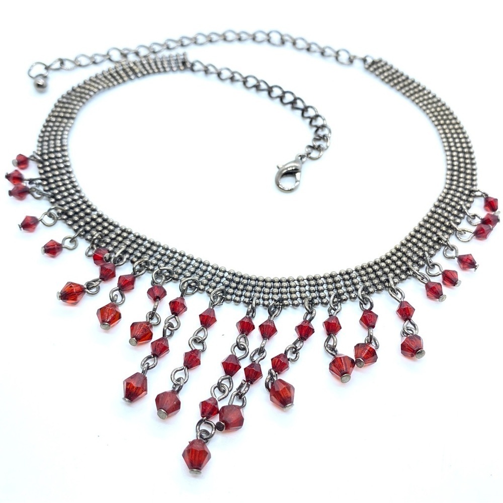 Gunmetal Mesh Choker with Red Bead Dangles